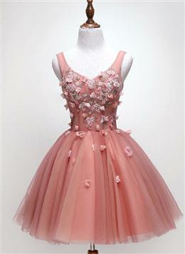 Picture of Cute Dark Pearl Pink Knee Length V-neckline Flower Homecoming Dresses, New Party Dress